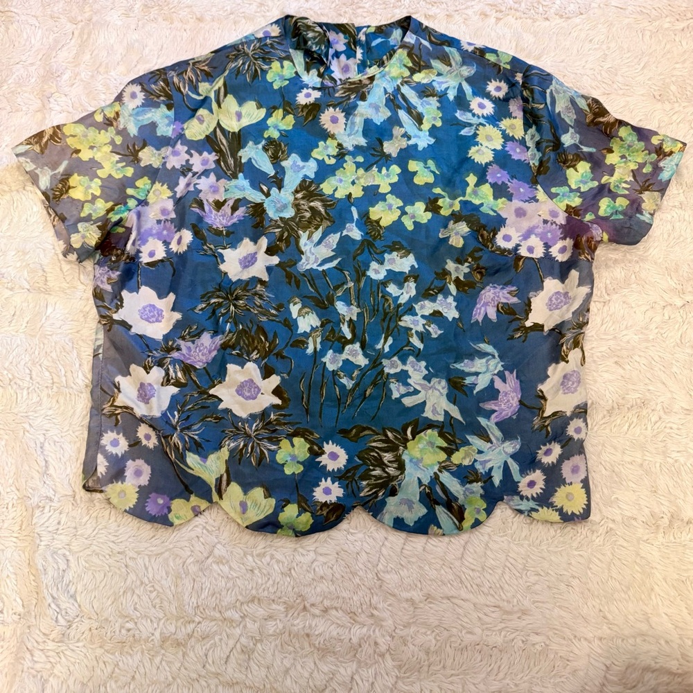 Vintage 80s Handmade Floral Abstract Scallop Hem Button Top fits S - M